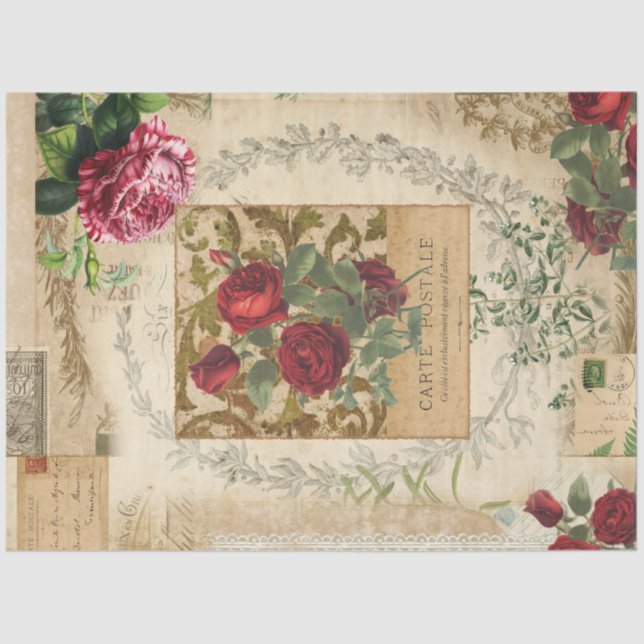 Papel De Seda Decoupage de la época de la efimera de la rosa roj (Anverso)