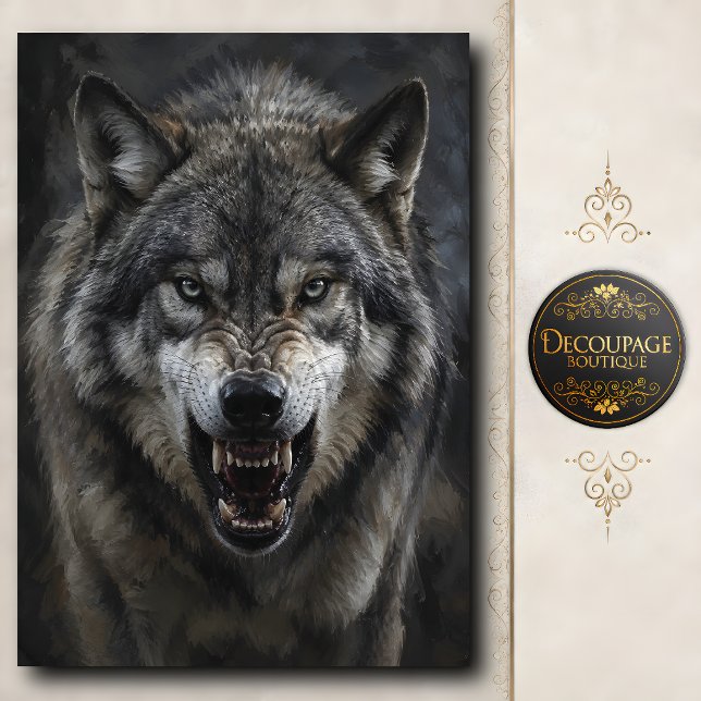 Papel De Seda Decoupage de Lobo Gris Feroz (Ferocious Gray Wolf Decoupage Tissue Paper)