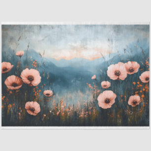 Papel De Seda Decoupage de paisaje con flores rosadas Vintage