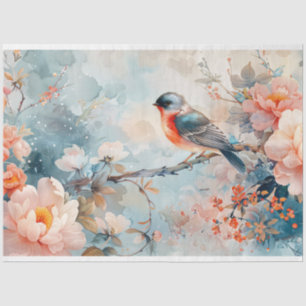 Papel De Seda Decoupage de Pájaro Acuarela y Flores Rosas