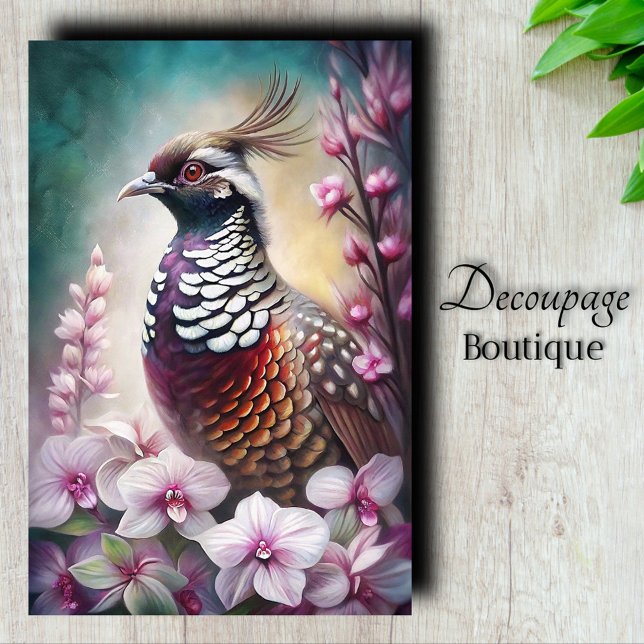 Papel De Seda Decoupage de Pájaro Codorniz Príncipe de Orquídea (Orchid Prince Quail Bird Decoupage Tissue Paper)