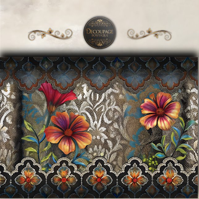 Papel De Seda Decoupage de panel floral boho (Boho Lace Floral Panel Decoupage Tissue Paper)