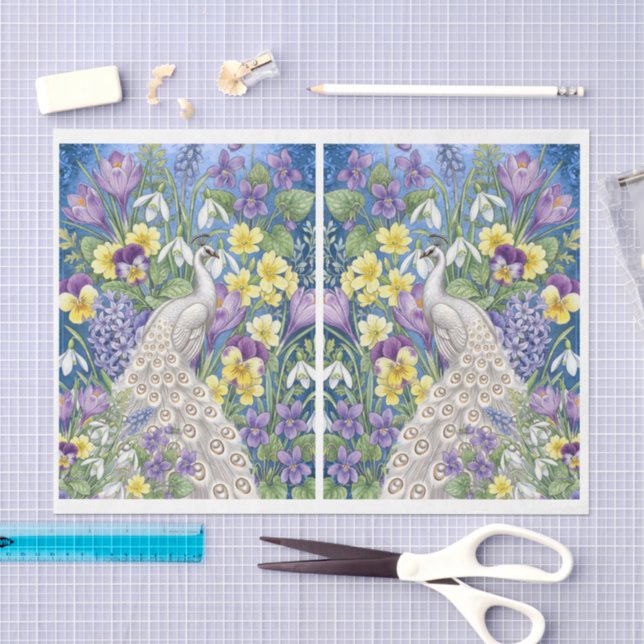Papel De Seda Decoupage de pavo real blanco floral abstracto úni (Artesanía)