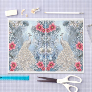 Papel De Seda Decoupage de pavo real blanco floral abstracto úni