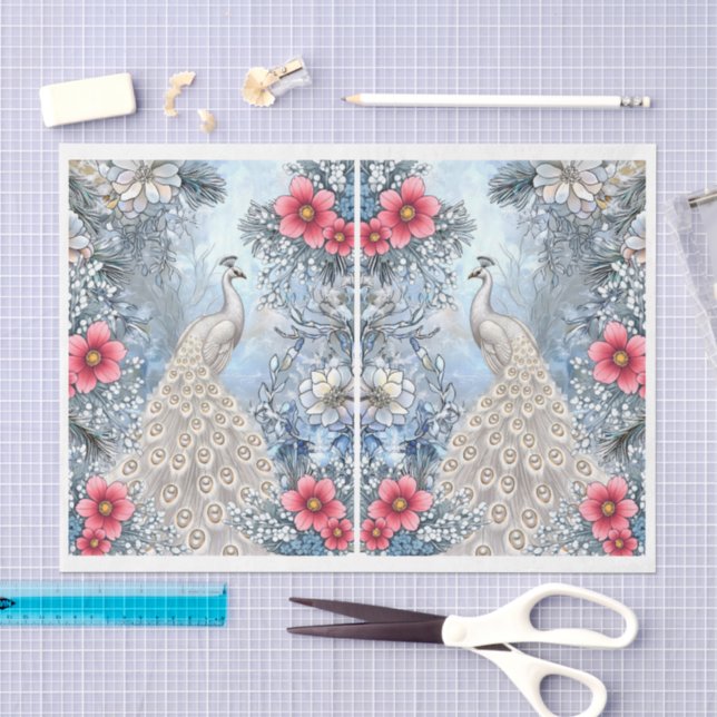 Papel De Seda Decoupage de pavo real blanco floral abstracto úni (Artesanía)