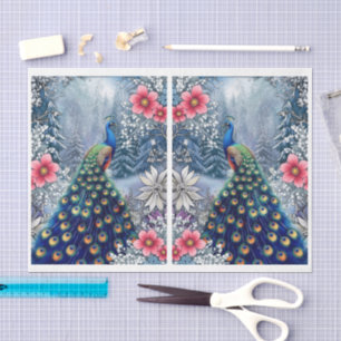 Papel De Seda Decoupage de pavo real floral abstracto único