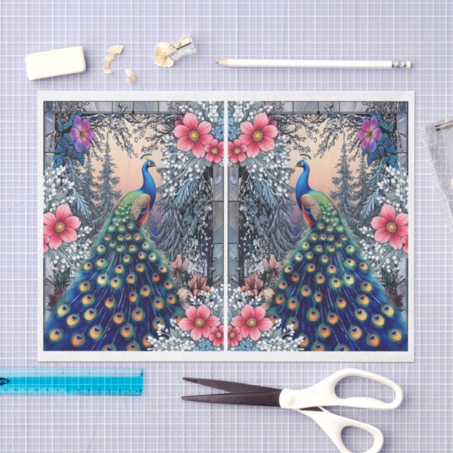 Papel De Seda Decoupage de pavo real floral abstracto único (Artesanía)