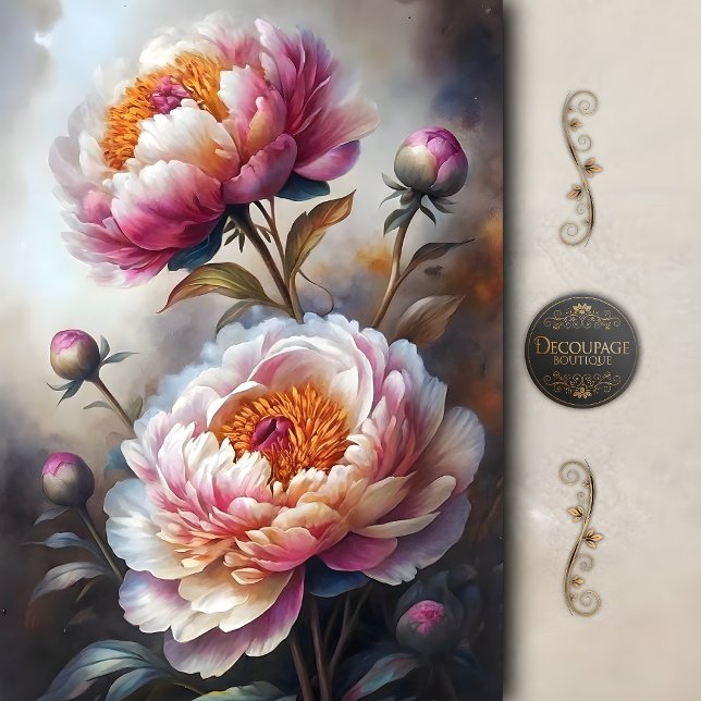 Papel De Seda Decoupage de Peonía Rosa Romántica (Romantic Pink Peony Decoupage Tissue Paper)
