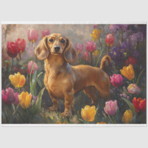 Papel De Seda Decoupage de pintura de dachshund con tulipanes de