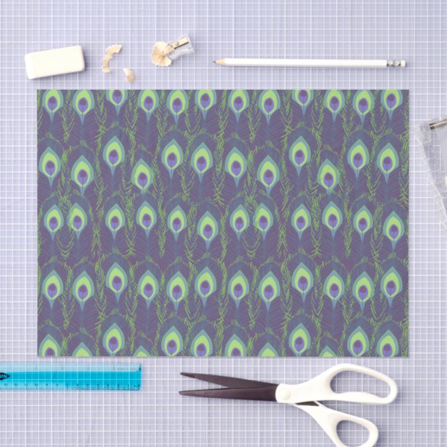 Papel De Seda Decoupage de pluma de pavo real verde lima morado  (Artesanía)