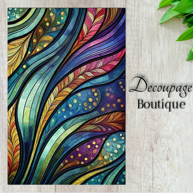 Papel De Seda Decoupage de plumas de resumen de vidrio manchado (Stained Glass Abstract Feathers Decoupage Tissue Paper)