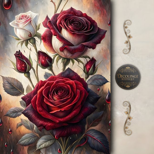 Papel De Seda Decoupage de Rosa Carmesí Gótica (Gothic Crimson Rose Decoupage Tissue Paper)