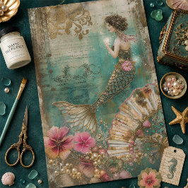Papel de seda decoupage de sirena vintage en verde