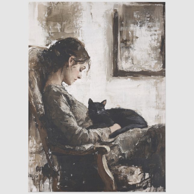 Papel De Seda Decoupage de una dama y su gato (Anverso)