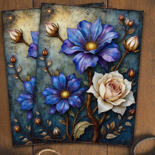 Papel De Seda Decoupage de Vidrio Pintado Floral Antiguo en Azul