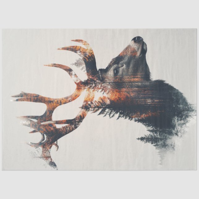 Papel De Seda Decoupage Doble exposición de arte de ciervos y ár (Anverso)