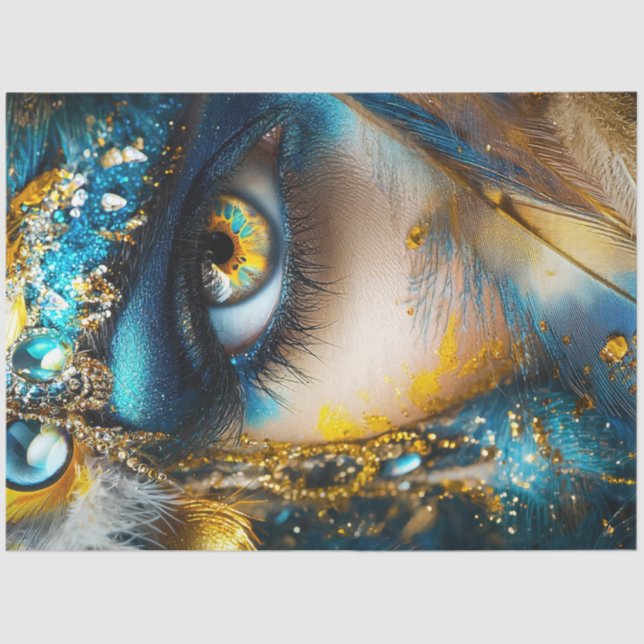 Papel De Seda Decoupage Elaborado Ojo Intrincado Oro Azul Verde  (Anverso)