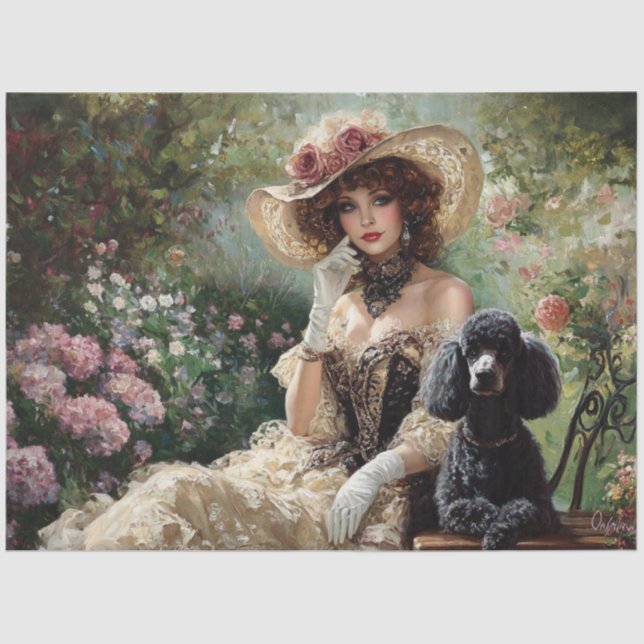 Papel De Seda Decoupage Elegante Lady Garden Black Poodle (Anverso)