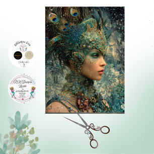 Papel De Seda Decoupage Fantasía Mujer Pavo Real Plumas Teals
