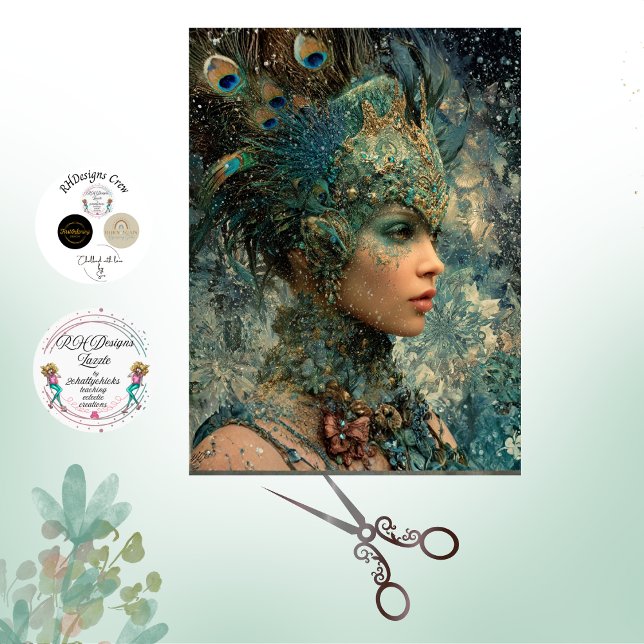Papel De Seda Decoupage Fantasy Peacock Woman Teals Feathers  (Subido por el creador)