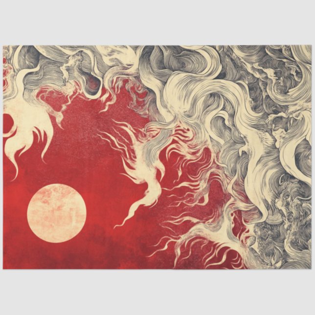 Papel De Seda Decoupage Faux Japonés Sun & Red White Swirls (Anverso)