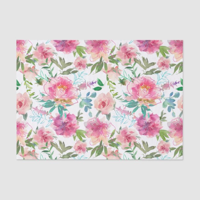 Papel De Seda Decoupage floral acuarela de peonía rosa moderna (Anverso)