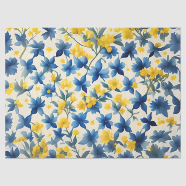 Papel De Seda Decoupage floral azul, amarillo y blanco (Anverso)