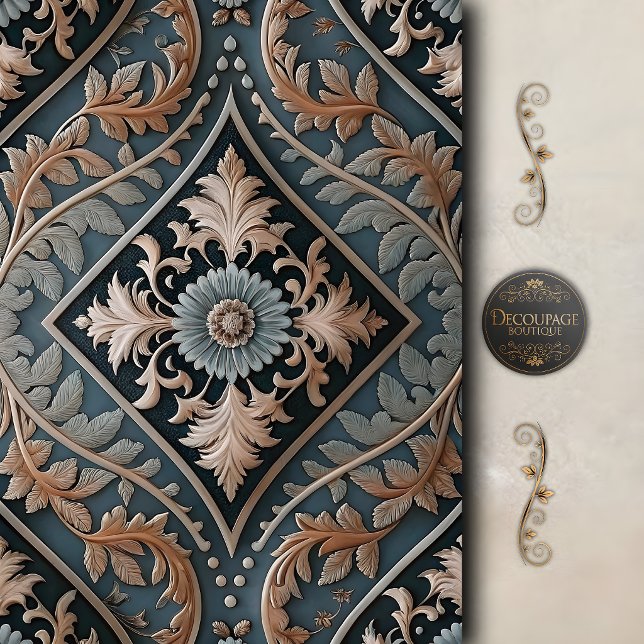 Papel De Seda Decoupage Floral Barroco Azul Elegante (Elegant Blue Baroque Floral Decoupage Tissue Paper)