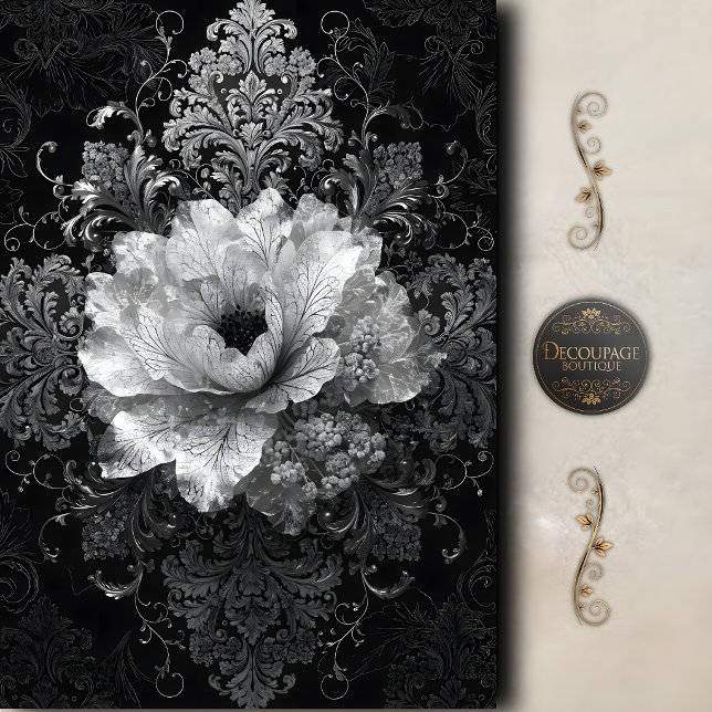 Papel De Seda Decoupage Floral Barroco Blanco y Negro (Black White Baroque Floral Decoupage Tissue Paper)