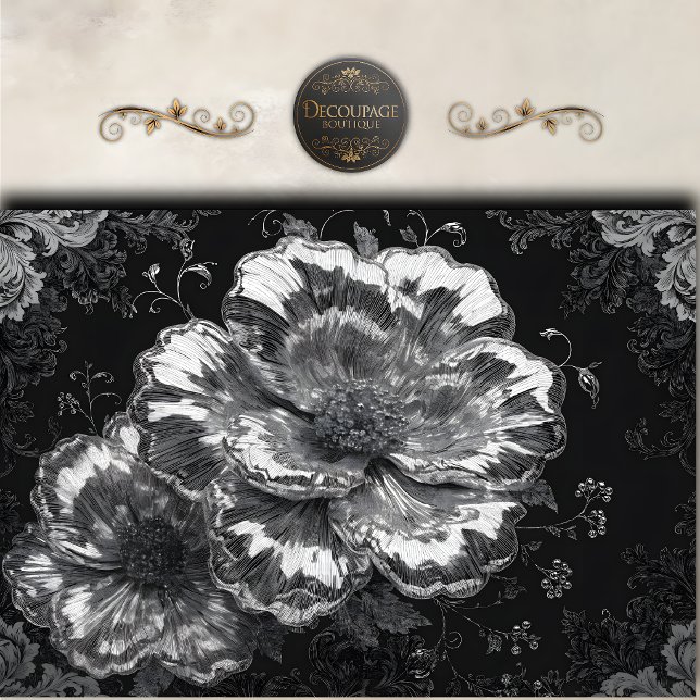 Papel De Seda Decoupage Floral Damasco Blanco Negro (Black White Floral Damask Decoupage Tissue Paper)