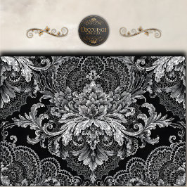 Papel De Seda Decoupage Floral Damasco Negro Plateado