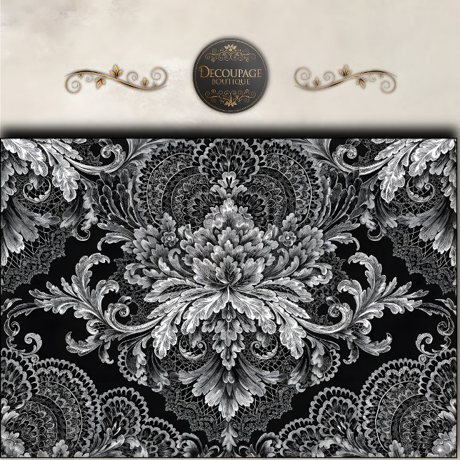 Papel De Seda Decoupage Floral Damasco Negro Plateado (Black Silver Damask Floral Decoupage Tissue Paper)