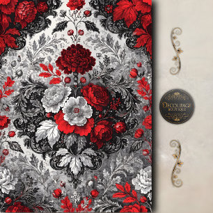 Papel De Seda Decoupage Floral Damasco Rojo Negro