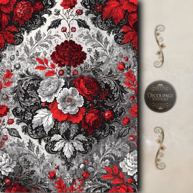 Papel De Seda Decoupage Floral Damasco Rojo Negro (Red Black Floral Damask Decoupage Tissue Paper)