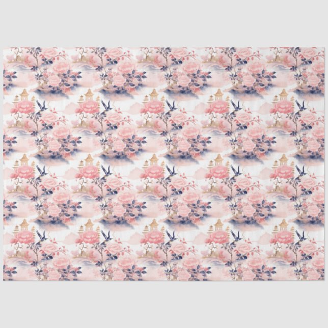 Papel De Seda Decoupage floral de casa asiática rosa rubor (Anverso)