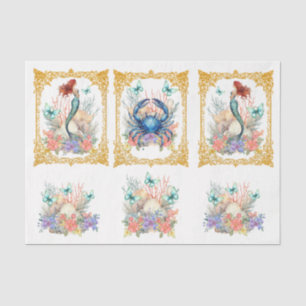 Papel De Seda Decoupage Floral de Sirena y Conchas en Pastel Pla