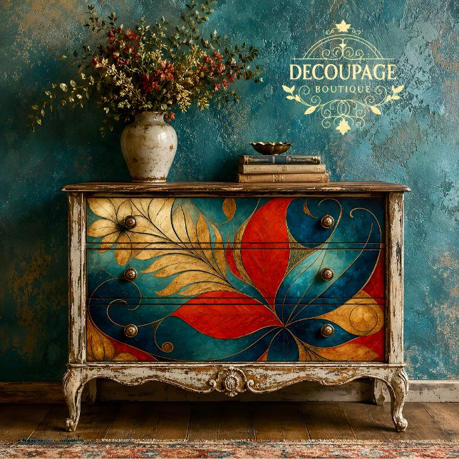 Papel De Seda Decoupage Floral Rojo Turquesa Audaz (Bold Teal Red Floral Decoupage Tissue Paper)
