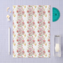 Papel De Seda Decoupage Floral Rosa Dorado Vintage Elegante