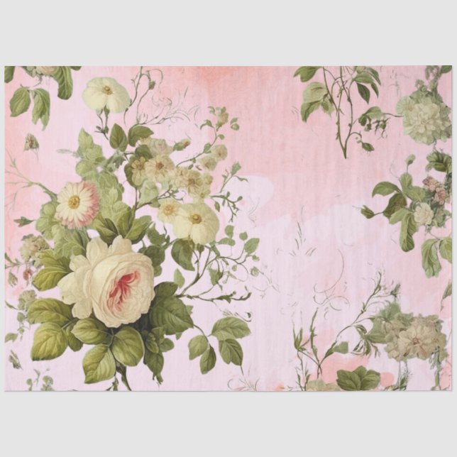 Papel De Seda Decoupage Floral Rosa Verde Antiguo (Anverso)