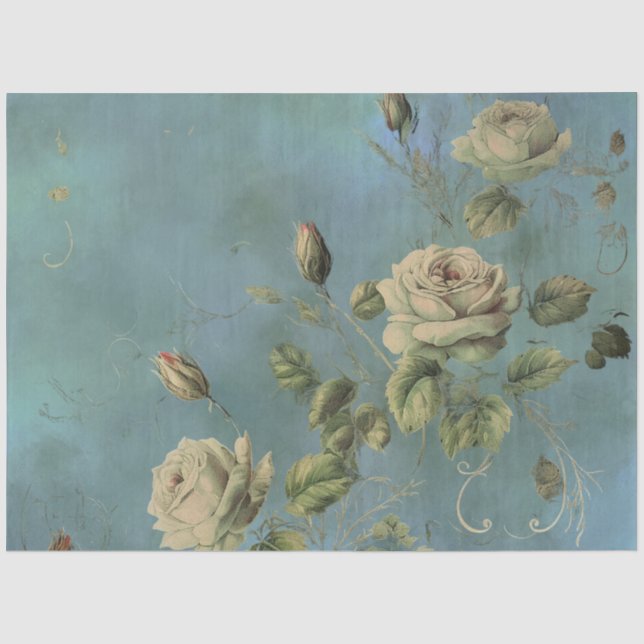 Papel De Seda Decoupage Floral Rosa Verde Antiguo (Anverso)