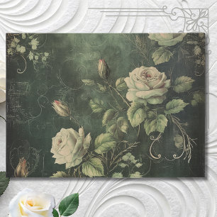 Papel De Seda Decoupage Floral Rosa Verde Antiguo
