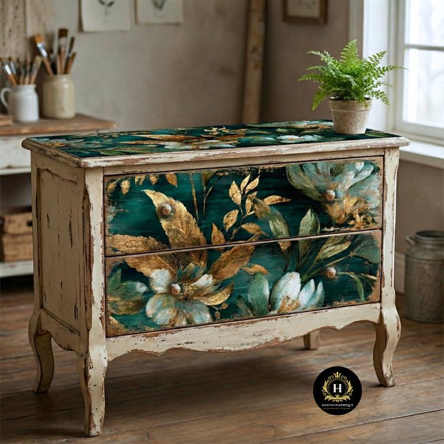 Papel De Seda Decoupage Floral Sin Costuras de Oro Esmeralda (Subido por el creador)