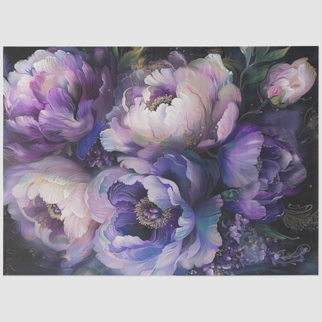 Papel De Seda Decoupage Flores de Peones Púrpura Vivas (Anverso)