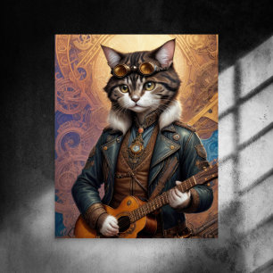 Papel De Seda Decoupage - Gato Steampunk con gafas y guitarra -