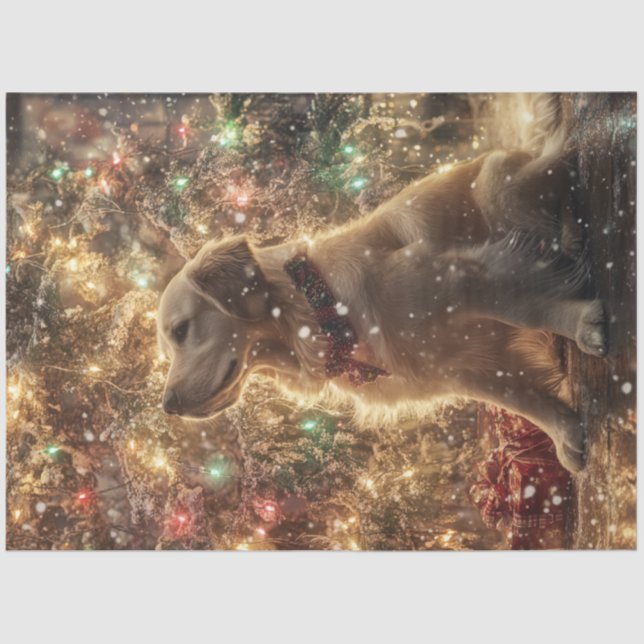 Papel De Seda Decoupage Gold Retriever Christmas Tree Lights (Anverso)