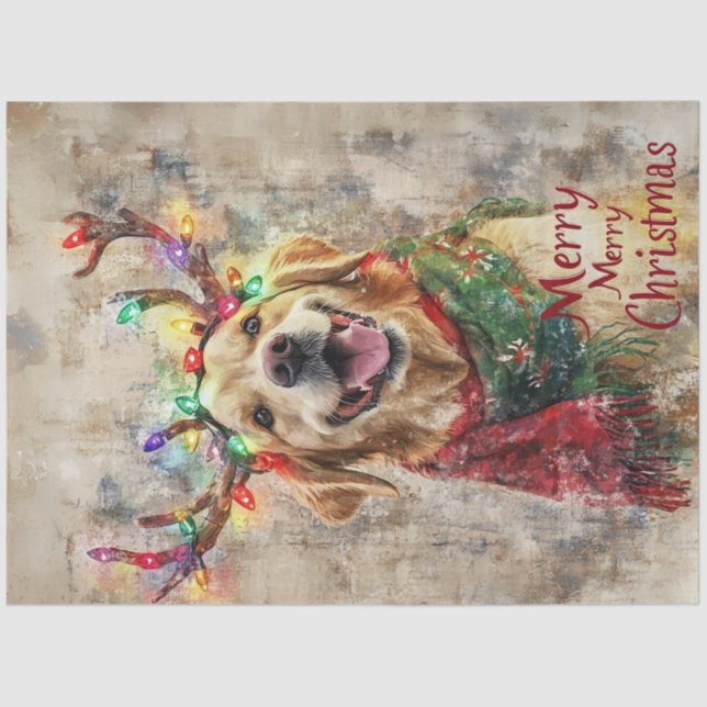 Papel De Seda Decoupage Golden Retriever Holiday Attire Antlers (Anverso)