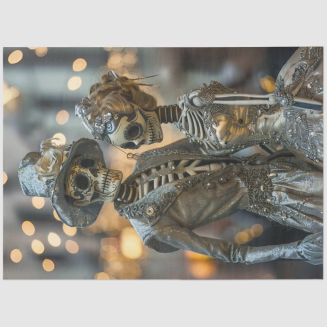 Papel De Seda Decoupage Gothic Elegante Skeleton Pareja Plata (Anverso)