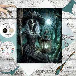 Papel De Seda Decoupage Gothic Skeletal Witch in Forest
