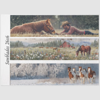 Papel De Seda Decoupage Handsaw Design Cowboy, Red Barn, Horses