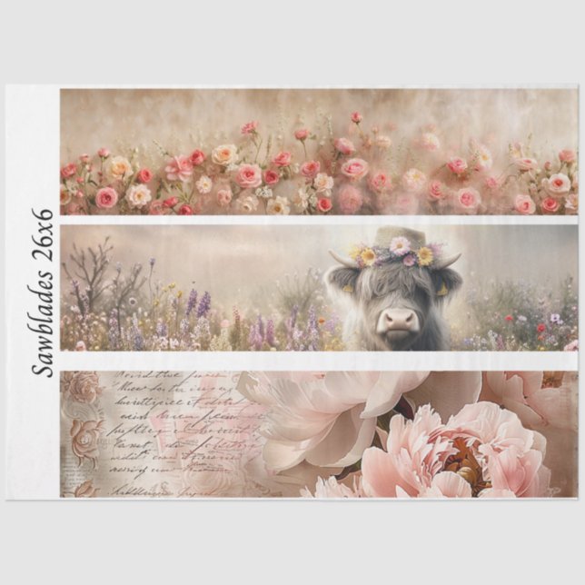 Papel De Seda Decoupage Handsaw Design Rose, Peony, Cow (Anverso)